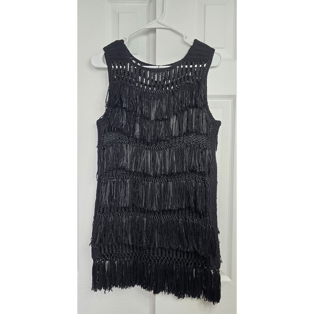 Maiyet Women's Black Cashmere Silk Fringe Crochet Tunic Shirt- Size Large